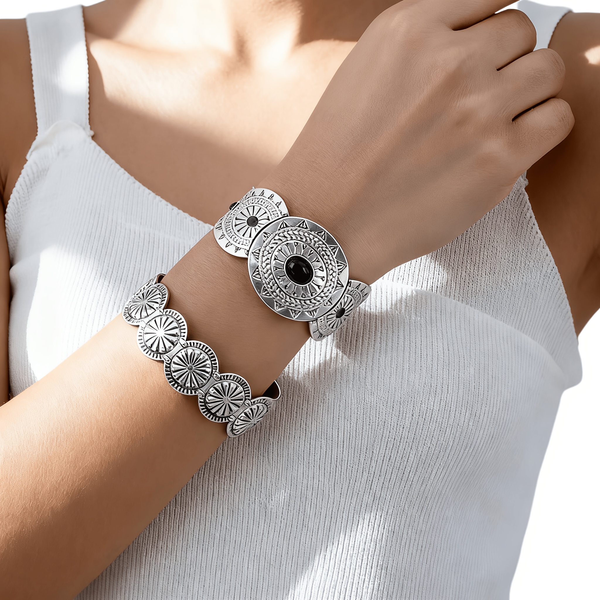 2pc Vintage Ethnic Style Bracelet Set with Geometric Charm